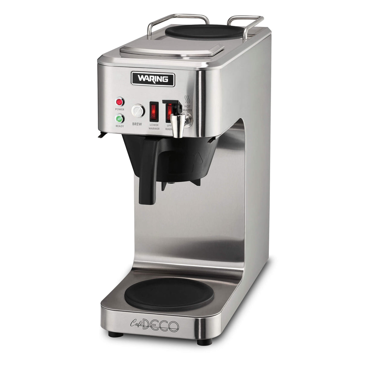 A stainless steel coffee brewer with black accents, featuring a top and bottom warming plate, control buttons, indicator lights, and a front lever. The brand name Waring is displayed above the controls, with Cafe Deco printed on the base.