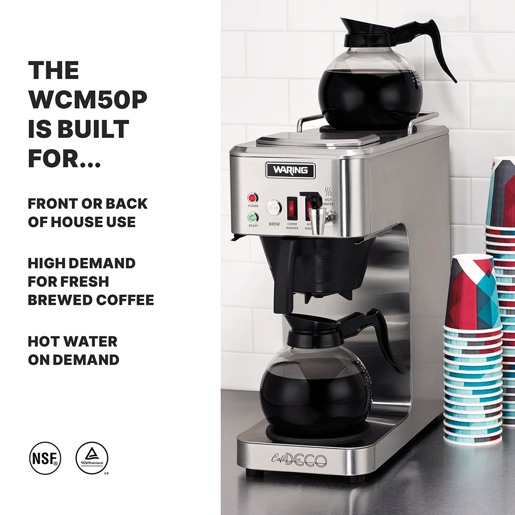 A stainless steel coffee brewer by Waring brews coffee into a glass carafe. Stacked disposable cups sit nearby. Text highlights the WCM50P’s use as a commercial coffee maker, perfect for fresh brews and hot water on demand. NSF and safety logos are visible.