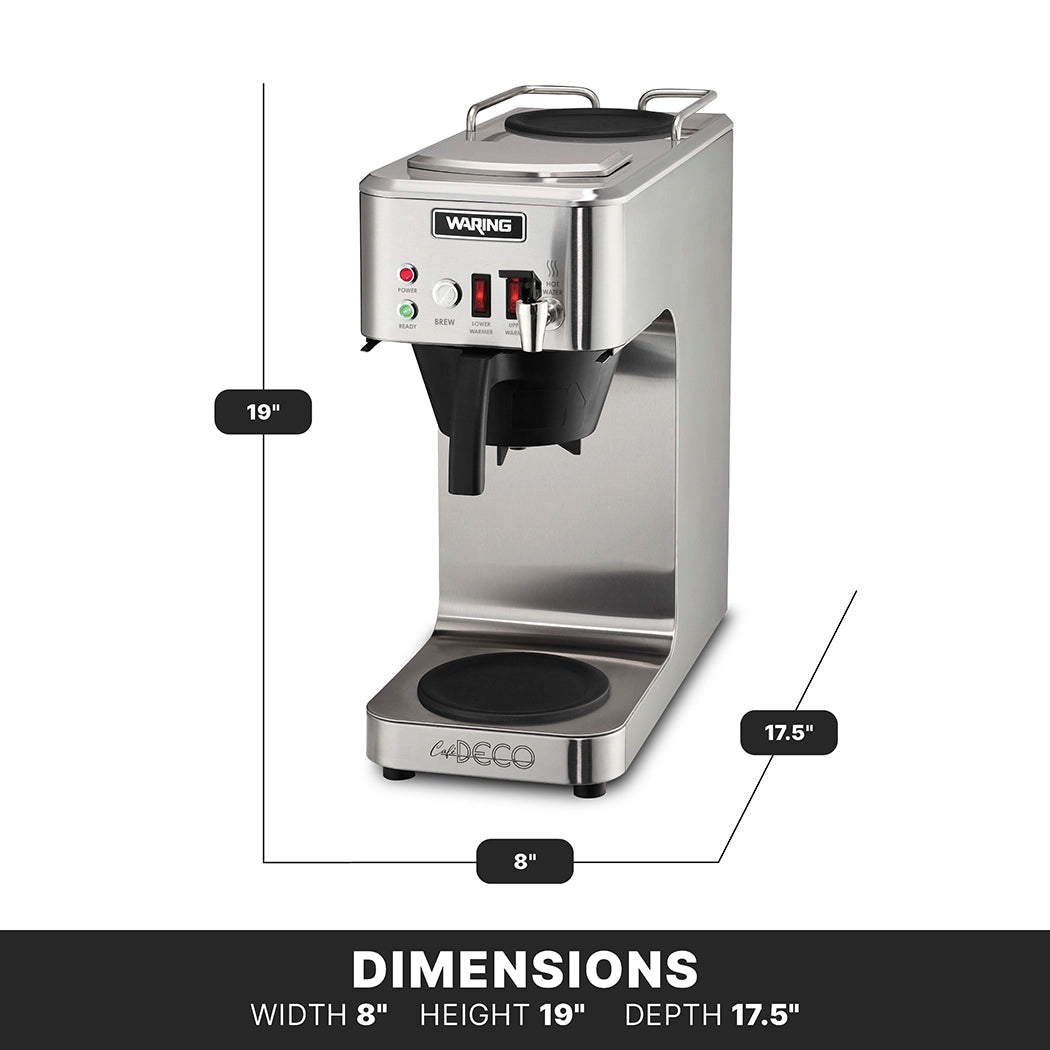 A stainless steel automatic coffee brewer, the Waring Cafe Deco stands upright. Labeled arrows show its dimensions: 19 inches tall, 8 inches wide, and 17.5 inches deep. This commercial coffee maker features control buttons, a black handle, and a warming plate.