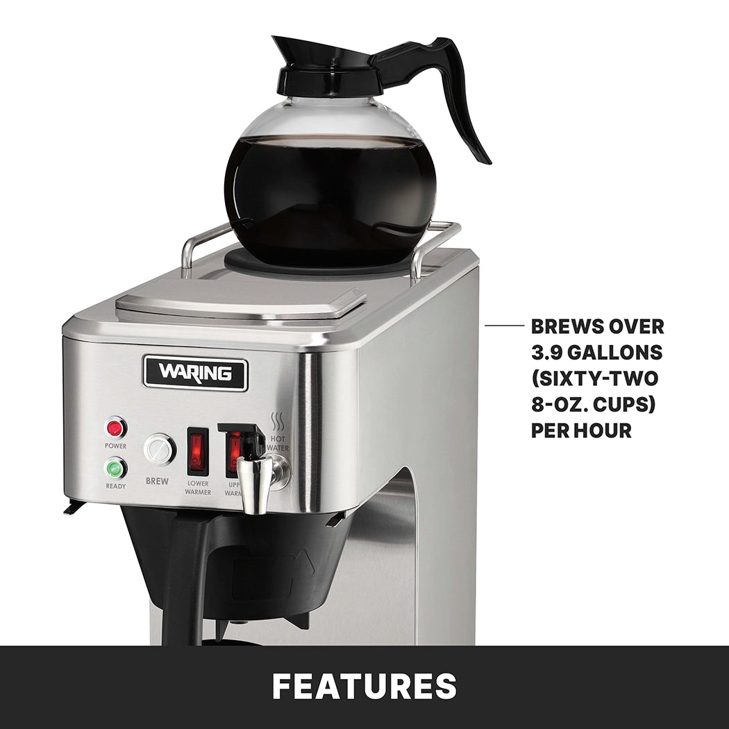A stainless steel coffee brewer with a black pot full of coffee on top. Text reads: “Brews over 3.9 gallons (sixty-two 8-oz. cups) per hour.” The commercial coffee maker features power, brew, and low water indicator lights. Black “Features” banner below.
