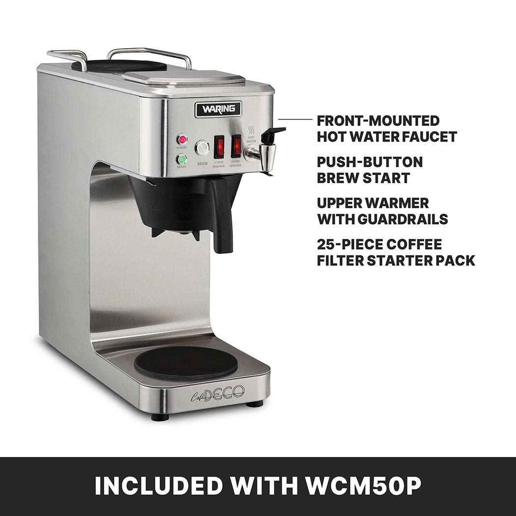 A stainless steel coffee brewer with a front-mounted hot water faucet, push-button brew start, and upper warmer with guardrails. Includes a 25-piece coffee filter starter pack. INCLUDED WITH WCM50P is written at the bottom.