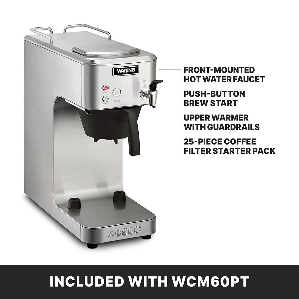 A stainless steel commercial coffee maker designed for café deco settings, with labeled features: front-mounted hot water faucet, push-button brew start, upper warmer with guardrails, and a 25-piece coffee filter starter pack. INCLUDED WITH WCM60PT.