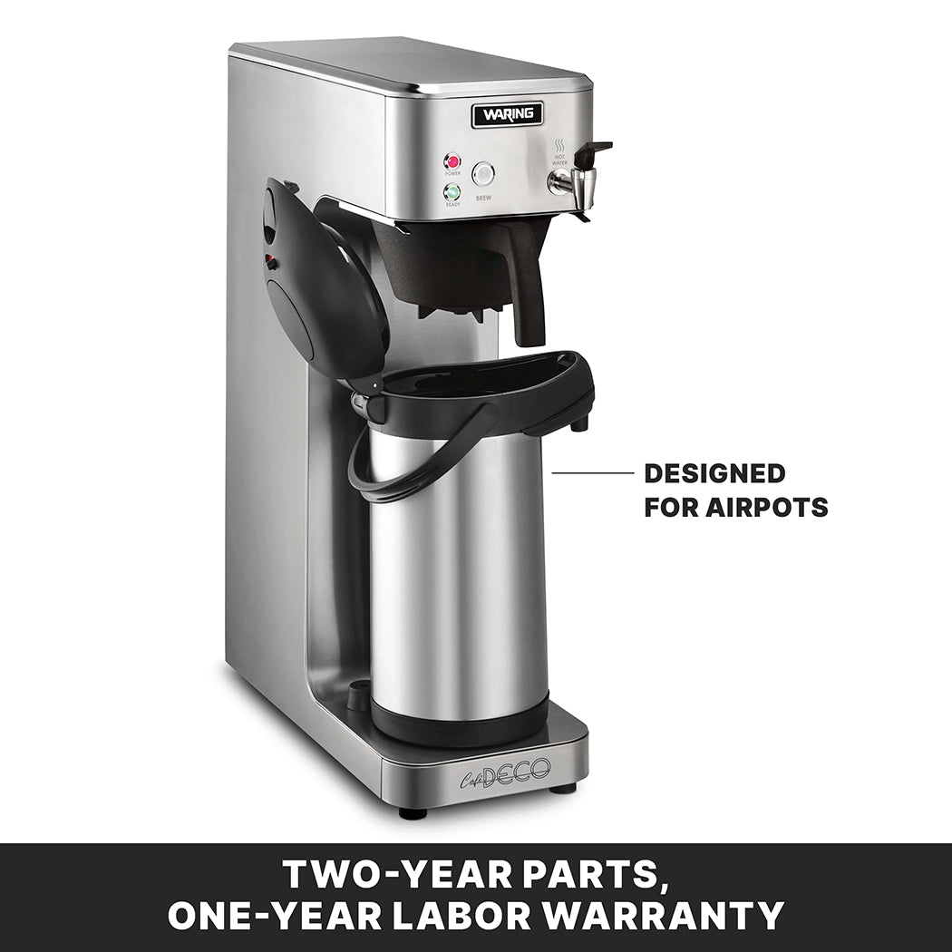 A Waring Airpot Coffee Brewer with a black lid is shown brewing into a matching airpot. The text highlights it's “Designed for Airpots.” A banner below reads: “Two-year parts, one-year labor warranty.” Perfect for any Café Deco setup.