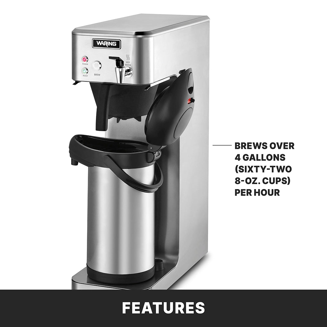 A stainless steel Waring Café Deco Airpot Coffee Brewer with a black handle, brewing into a tall airpot. A label notes: Brews over 4 gallons (sixty-two 8-oz. cups) per hour. The bottom of the image has a black bar labeled Features.