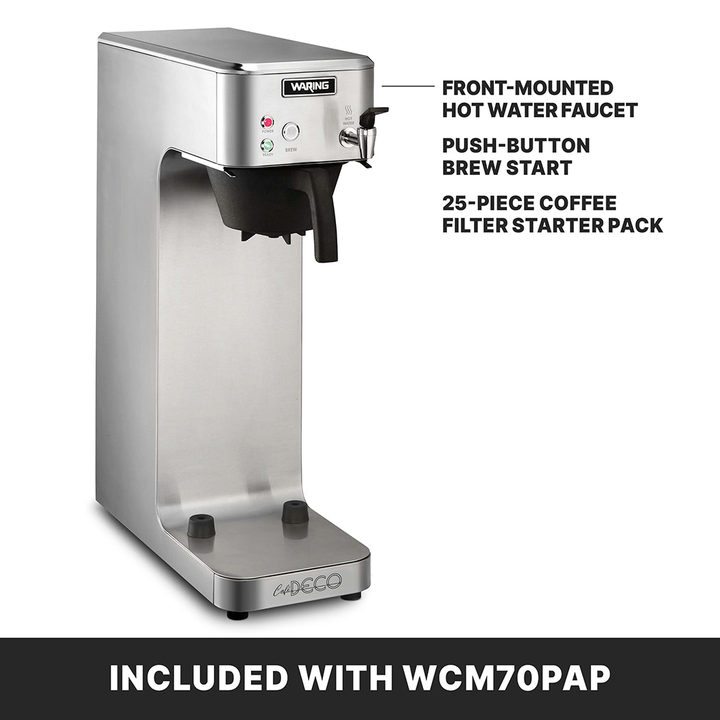 The Waring Café Deco Airpot Coffee Brewer features a stainless steel build, front-mounted hot water faucet, push-button brew start, and black drip tray. Includes a 25-piece coffee filter starter pack with model WCM70PAP.