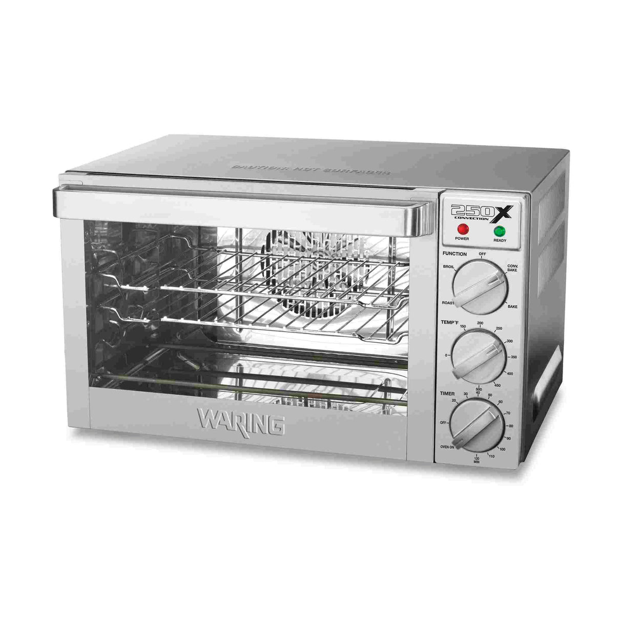 A stainless steel Waring WCO250X countertop oven with a glass front door, three control knobs for function, temperature, and timer, indicator lights, two wire racks, and a baking tray. The brand “Waring” is embossed on the front panel.