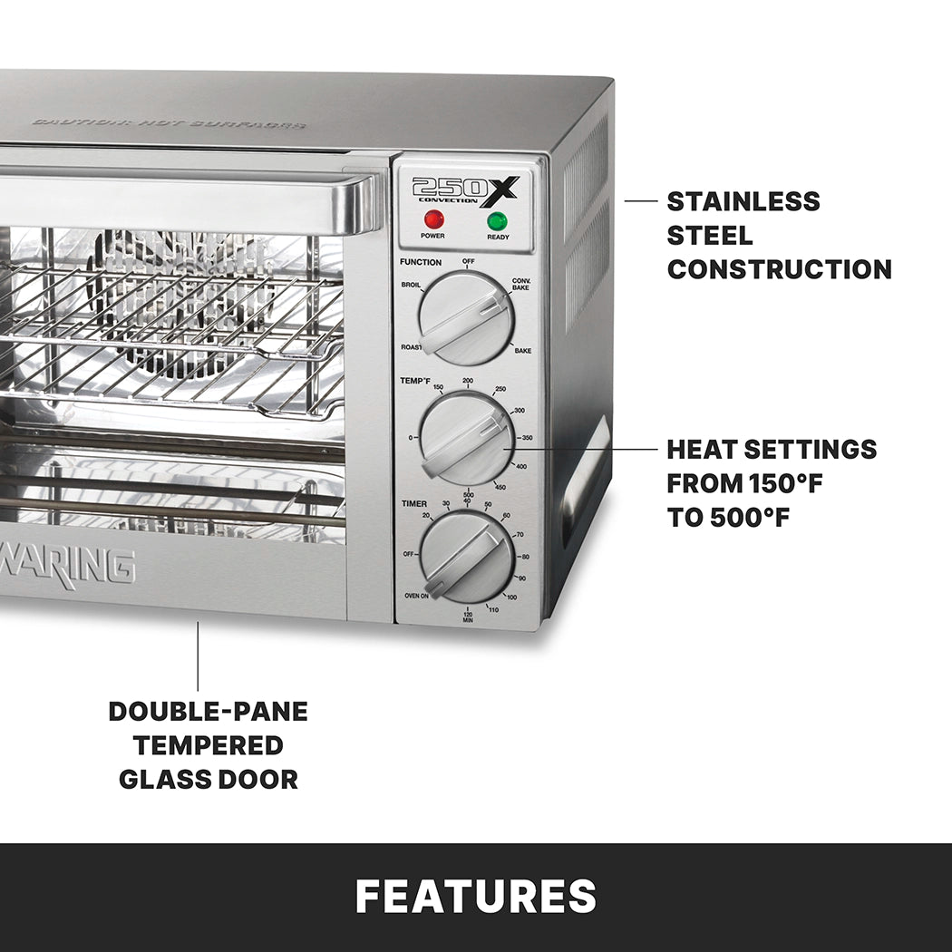 A close-up of a Waring WCO250X countertop oven with stainless steel construction, heat settings from 150°F to 500°F, and a double-pane tempered glass door. Three control knobs are visible for function, temperature, and timer settings.