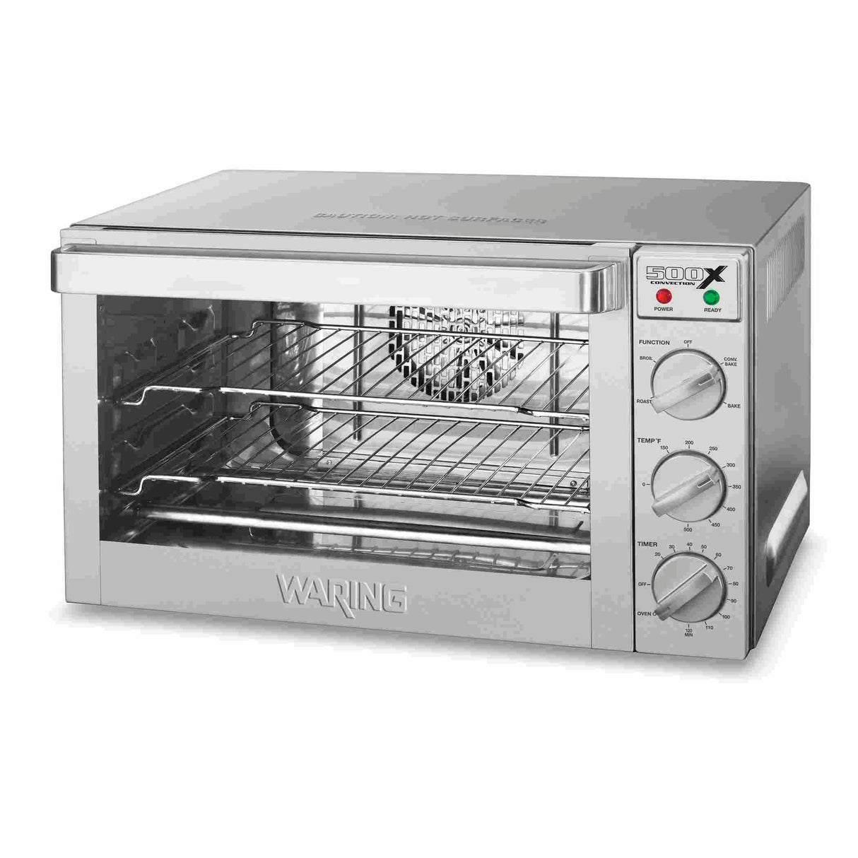 A stainless steel countertop convection oven with a glass door, two wire racks inside, and three control dials on the right for function, temperature, and timer. Indicator lights are above the dials. The brand Waring is visible on the lower front.