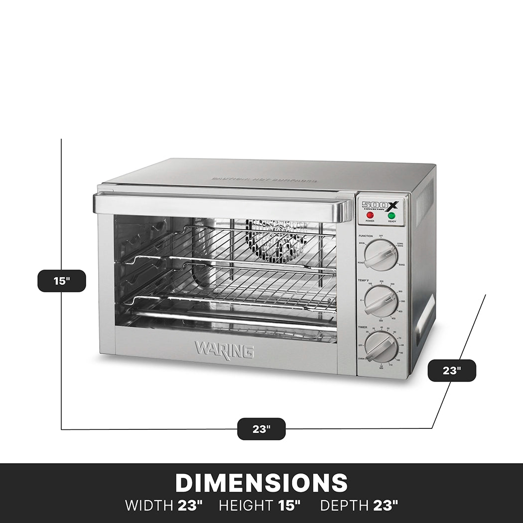 A stainless steel countertop convection oven with two wire racks and three control knobs on the right side. The oven’s dimensions are labeled: 23 inches wide, 15 inches high, and 23 inches deep. “Waring” is printed on the oven door.