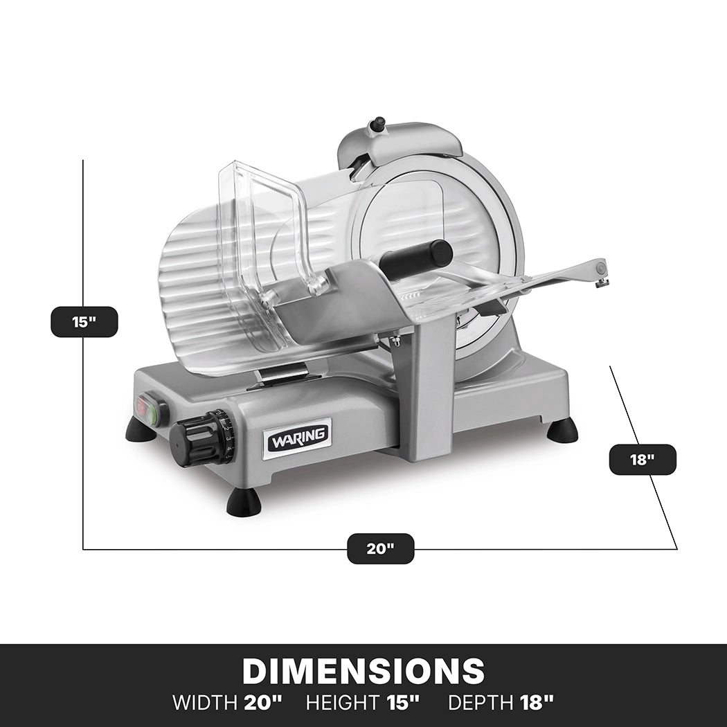 A silver Waring Commercial Food Slicer with a clear safety guard is shown on a white background. Black lines highlight its 20" width, 15" height, and 18" depth. Adjustable slice thickness is featured. Bold text lists these measurements above a black bar.