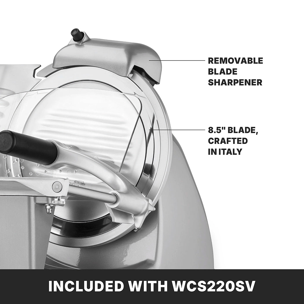 A close-up of a Commercial Food Slicer shows the removable blade sharpener above the 8.5-inch Italian blade. It features adjustable slice thickness, metallic finish, and visible handle. Text at bottom: Included with WCS220SV.