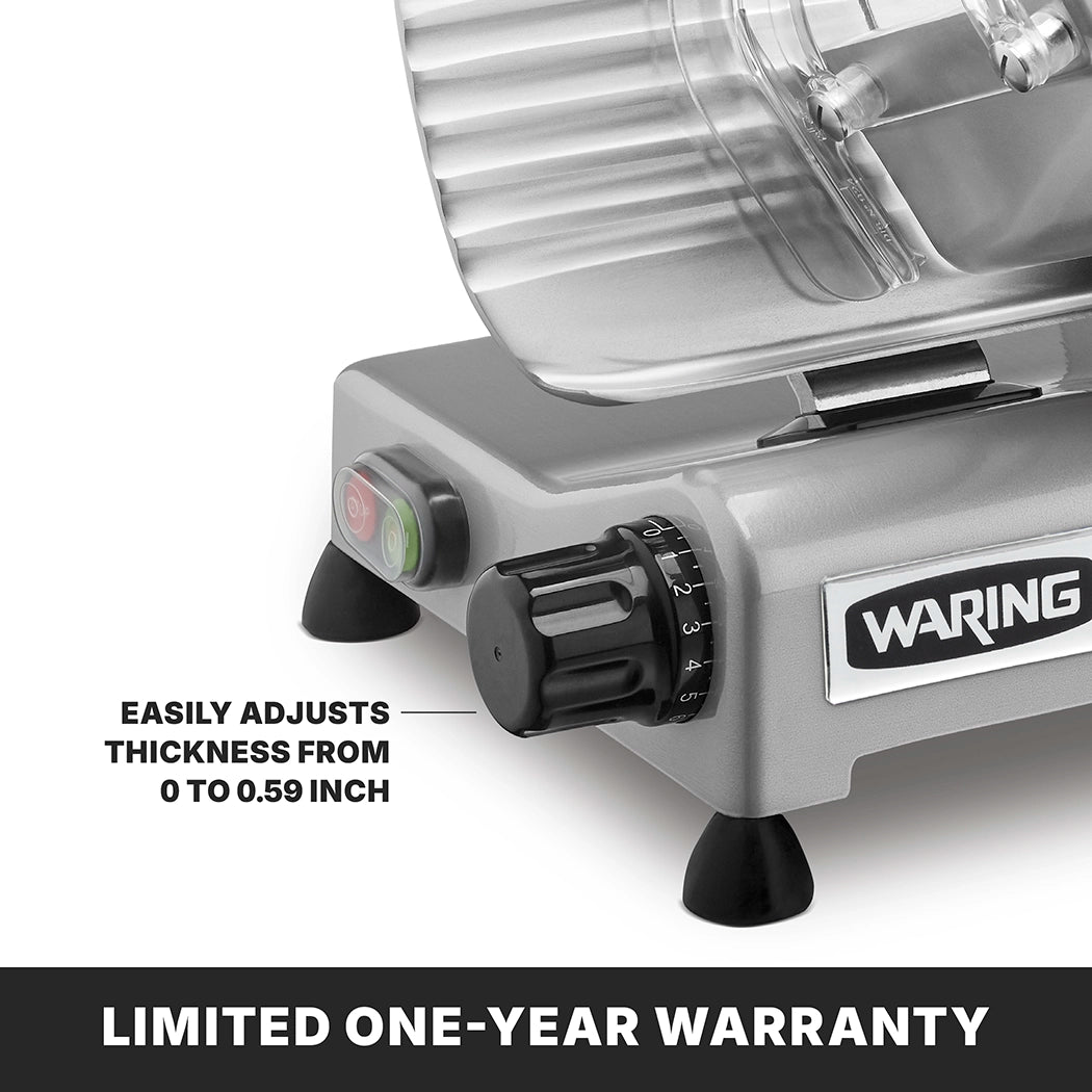 A close-up of a silver Commercial Food Slicer shows a black knob labeled with adjustable slice thickness settings from 0 to 0.59 inches. Red and green power buttons are visible, and text at the bottom reads, LIMITED ONE-YEAR WARRANTY.