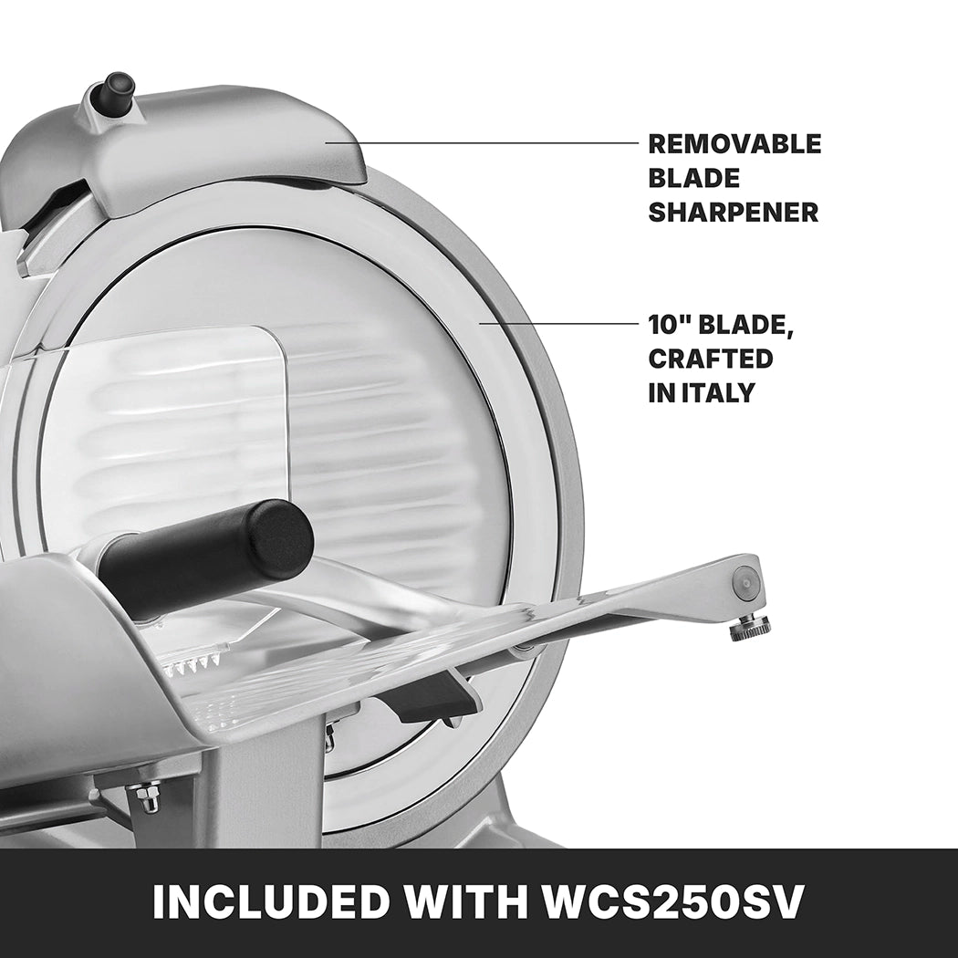 Close-up of the Commercial Food Slicer with labels pointing to the removable blade sharpener and adjustable slice thickness. The 10-inch Italian-crafted blade adds quality. Below, text reads INCLUDED WITH WCS250SV. The slicer has a sleek, metallic finish.