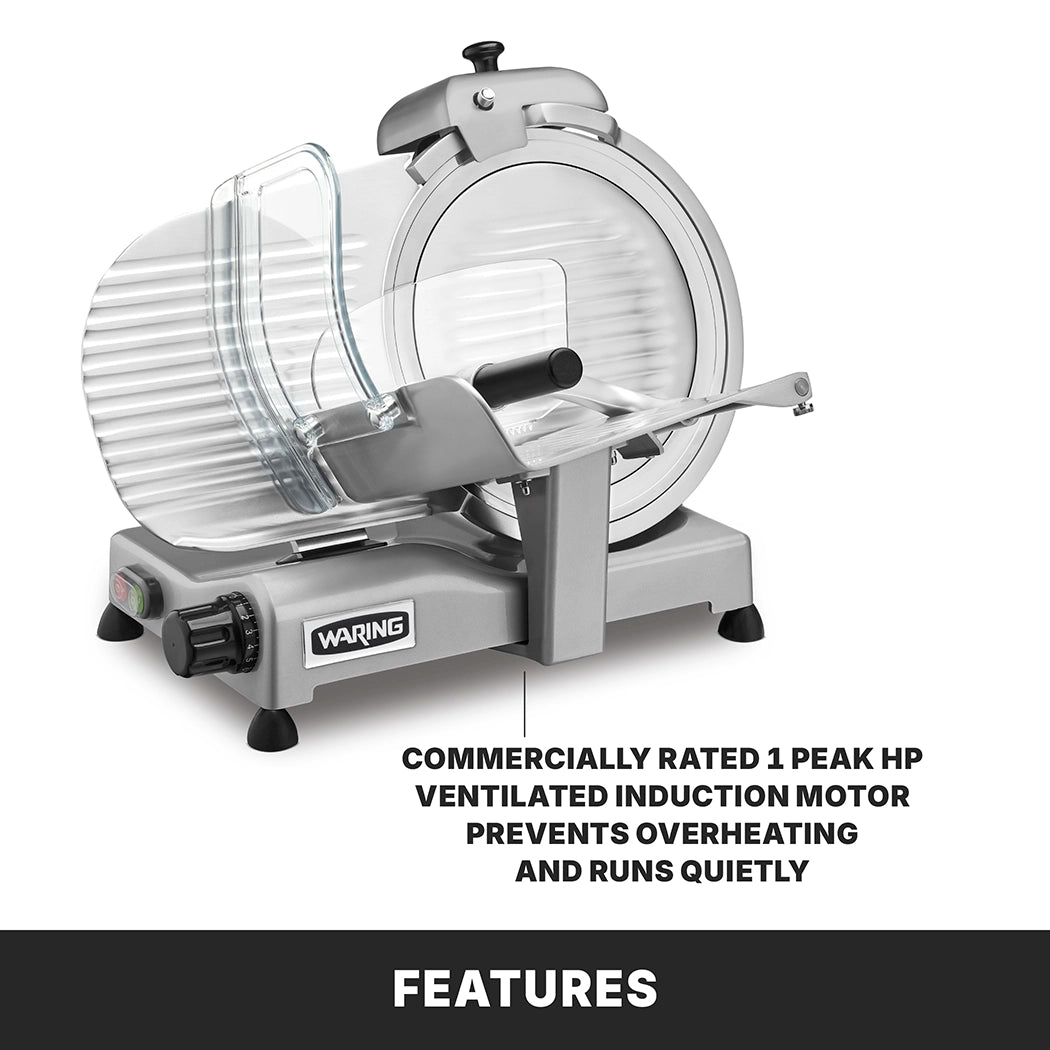 A silver Waring Commercial Food Slicer with a clear safety guard and adjustable thickness knob is shown. It features a 12" tempered chrome blade and a heavy duty, 1 peak HP ventilated induction motor for quiet, cool performance. FEATURES is written at the bottom.