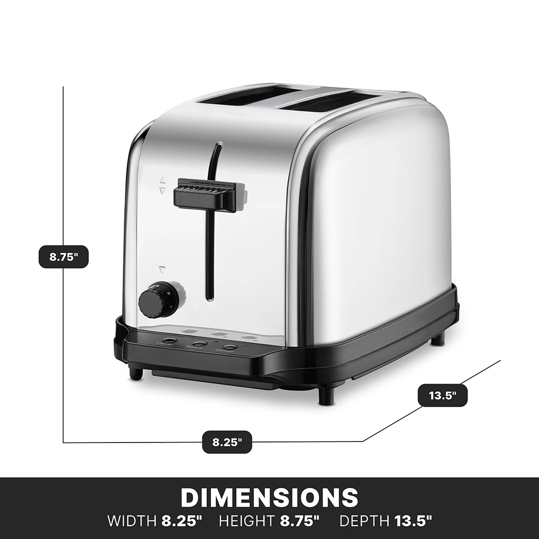 A stainless steel two-slice toaster with a black base is shown. The image displays dimensions: width 8.25 inches, height 8.75 inches, and depth 13.5 inches. The toaster features browning controls, a numbered dial, buttons, and a lever on its front side.