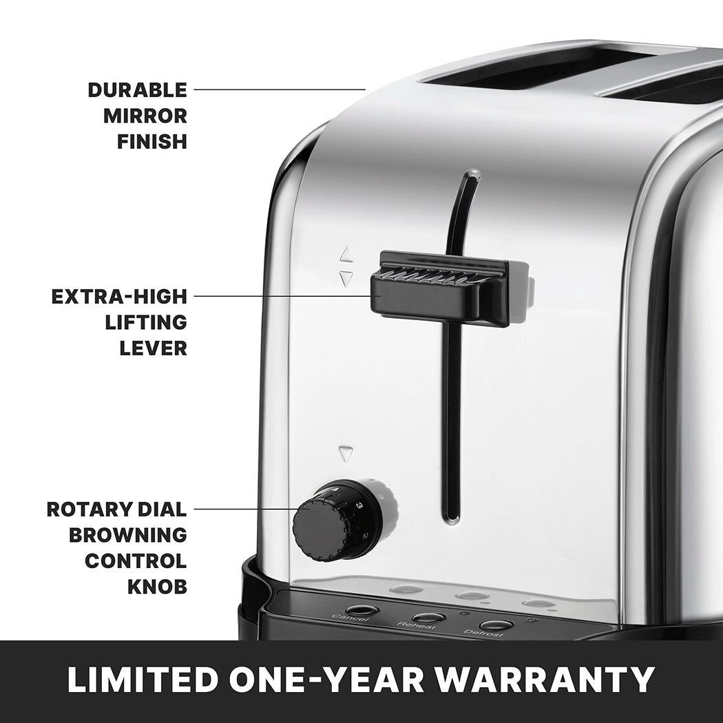A close-up of a silver Commercial toaster with a mirror finish. Labeled features include extra-high lift, easy browning controls, and a rotary dial knob. Text at the bottom reads: “LIMITED ONE-YEAR WARRANTY.”.