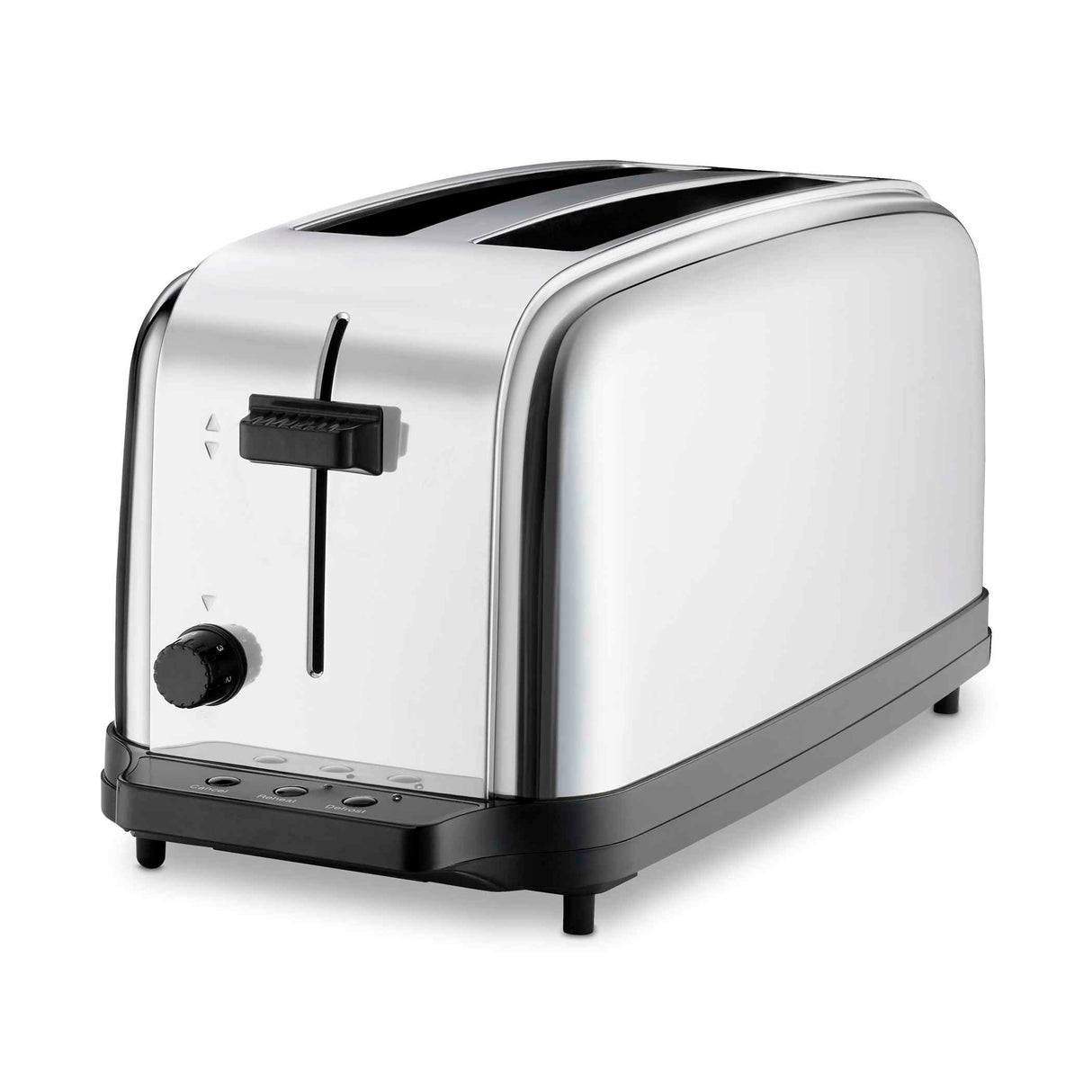 A shiny, stainless steel two-slot toaster with a black base. It features extra long slots, a browning control knob, lever for lowering bread, and three toasting setting buttons. The modern design is minimalistic and set against a white background.