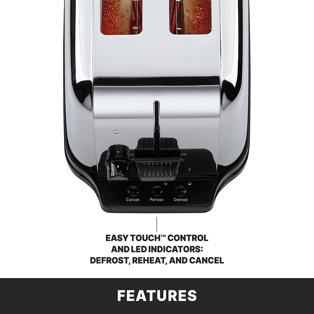 Overhead view of a chrome commercial toaster with extra long slots holding bread slices. Control panel shows a lever, knob, and three LED indicator buttons. Text below reads: “EASY TOUCH CONTROL AND LED INDICATORS: DEFROST, REHEAT, AND CANCEL.”.
