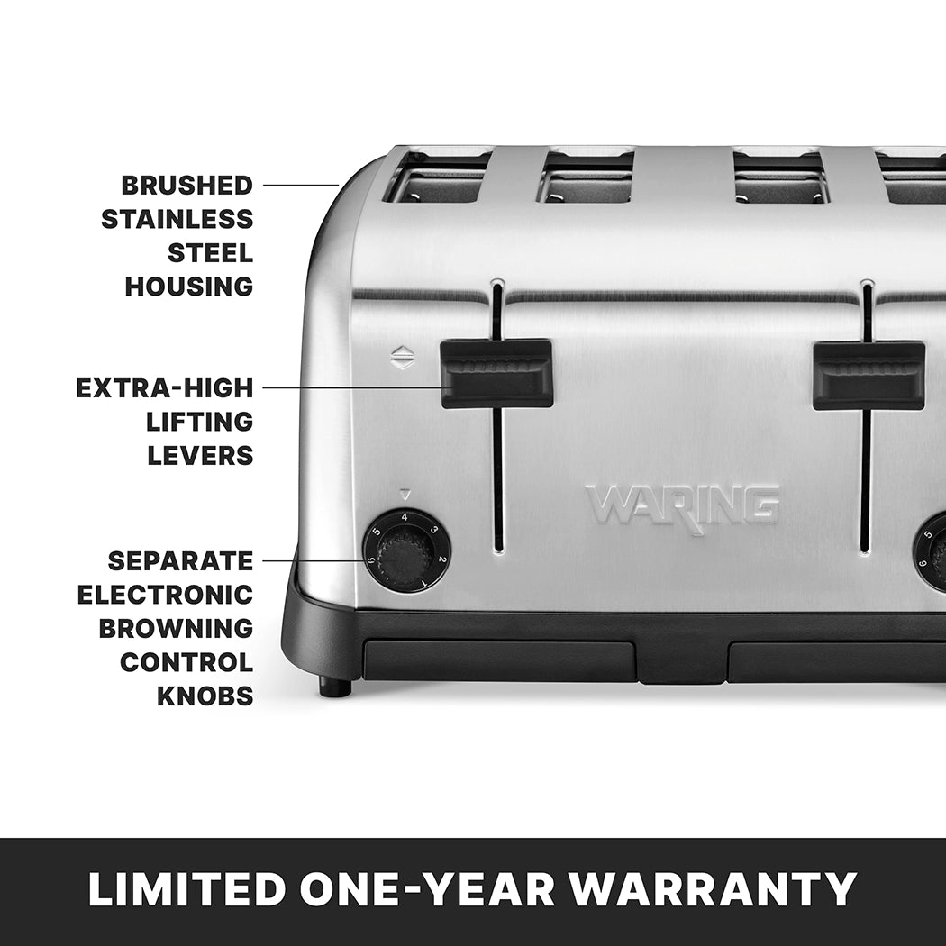 Close-up of a silver Waring commercial toaster’s front, showing labeled features: brushed stainless steel housing, extra-wide slots, extra-high lifting levers, and separate electronic browning control knobs. Text below reads LIMITED ONE-YEAR WARRANTY on a black background.
