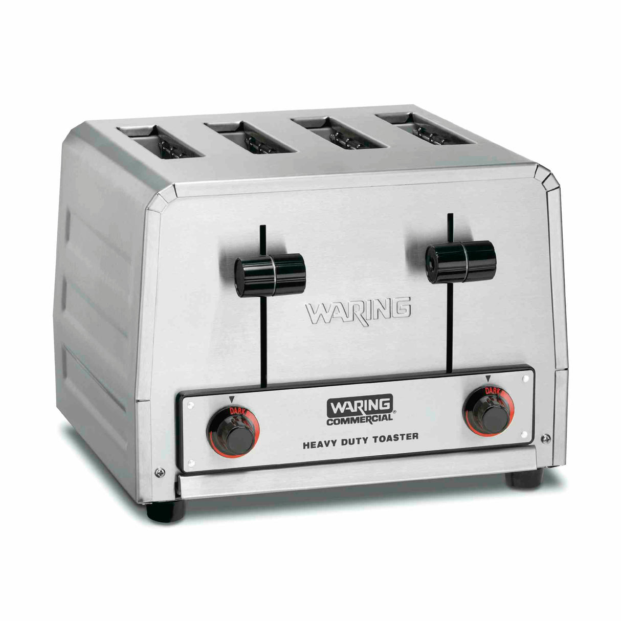 A stainless steel Waring Commercial heavy-duty toaster with four slots, two black lever handles, and two dial controls on the front panel. This 4 slice toaster sits on a white background and features a robust, industrial design.