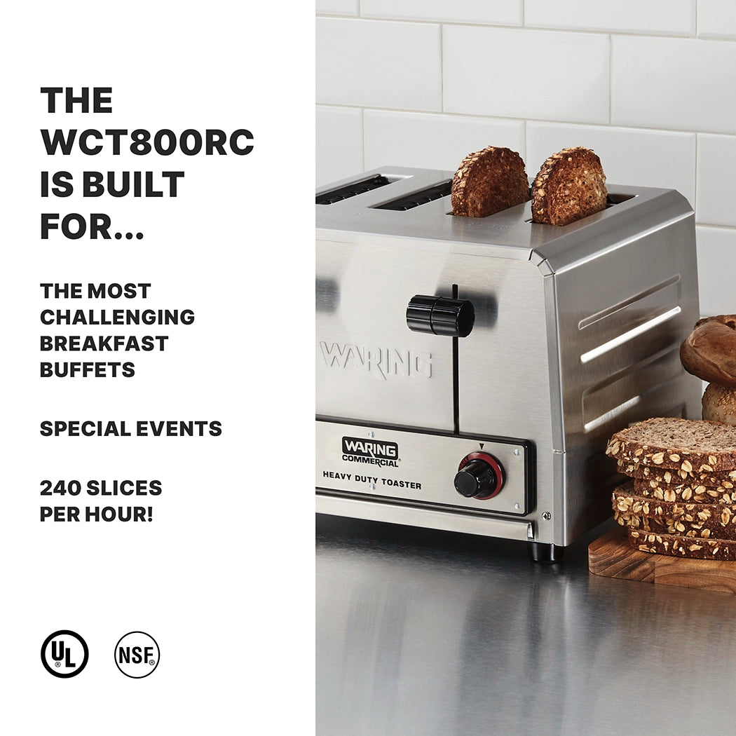 A heavy-duty commercial toaster with two slices of multigrain bread popping up sits on a wooden counter. Text beside it reads: THE WCT800RC IS BUILT FOR... THE MOST CHALLENGING BREAKFAST BUFFETS, SPECIAL EVENTS, 240 SLICES PER HOUR! UL and NSF logos included.