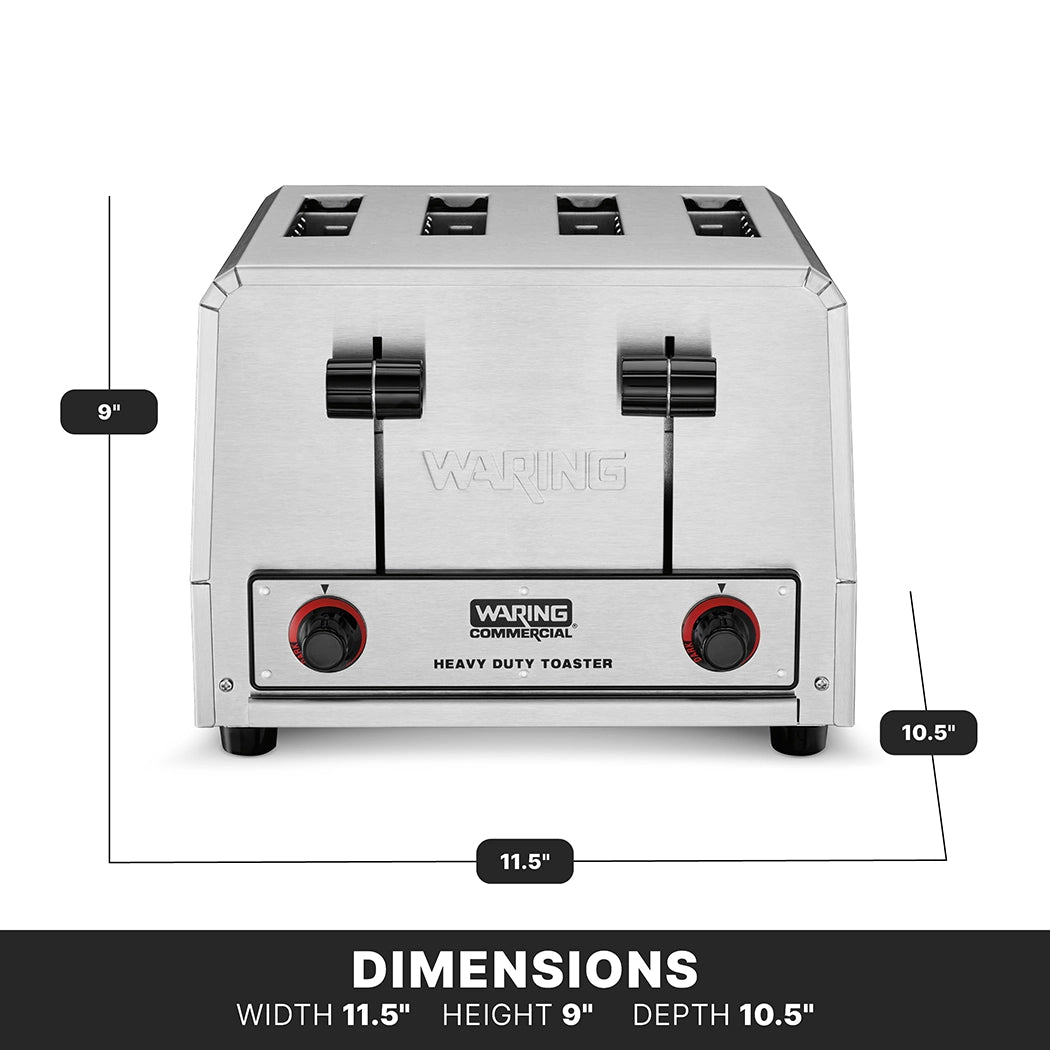 A stainless steel Waring Commercial 4 slice toaster with four slots, two black dials, and labeled dimensions: width 11.5 inches, height 9 inches, and depth 10.5 inches, all displayed on a white background.