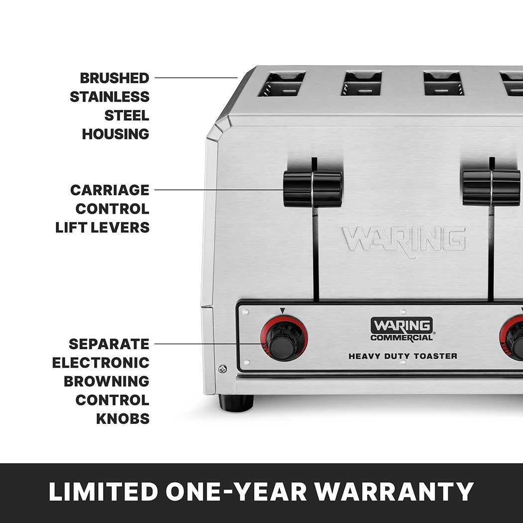 Close-up of a heavy-duty 4 slice toaster with labeled features: brushed stainless steel housing, black carriage control lift levers, and separate electronic browning control knobs. Text at the bottom reads: LIMITED ONE-YEAR WARRANTY.
