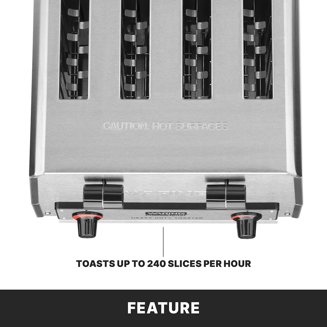 A commercial 4 slice toaster is shown from above, with visible heating elements and control knobs at the front. Text below states, Toasts up to 240 slices per hour. A Feature label is at the bottom of the image.