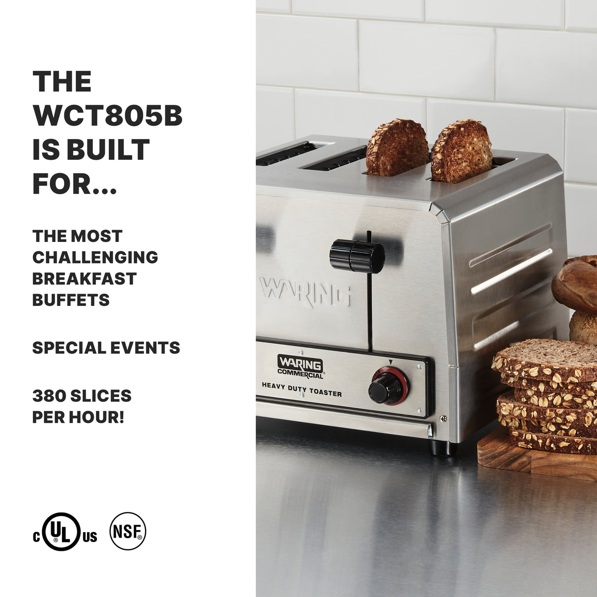 A heavy-duty Commercial Toaster with two slices of multigrain bread inside sits on a counter next to a stack of sliced bread. Text beside the toaster highlights its high capacity and suitability for buffets and events.
