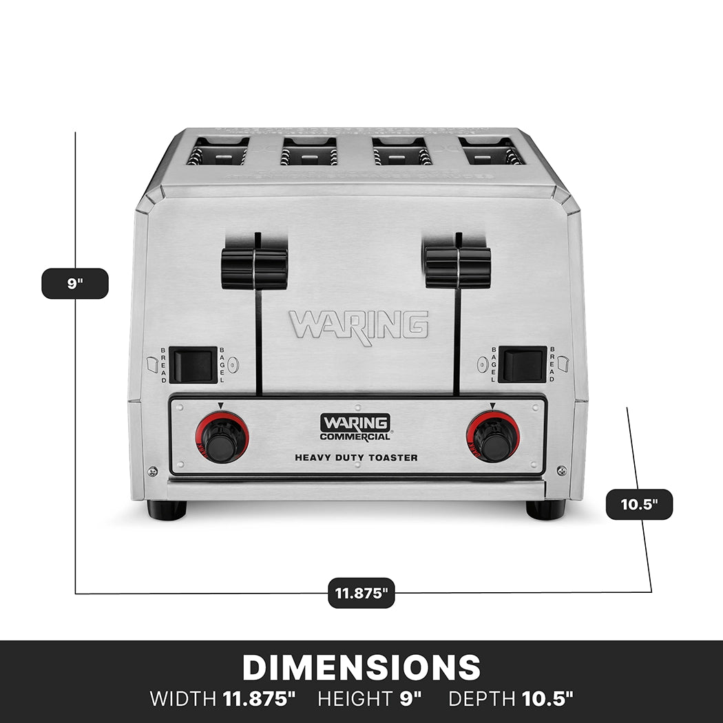 Front view of a stainless steel Waring Commercial 4 slice toaster with four slots. Two black and red control knobs sit below the slots. Dimensions: width 11.875”, height 9”, depth 10.5”. Black text labels the size around the toaster.