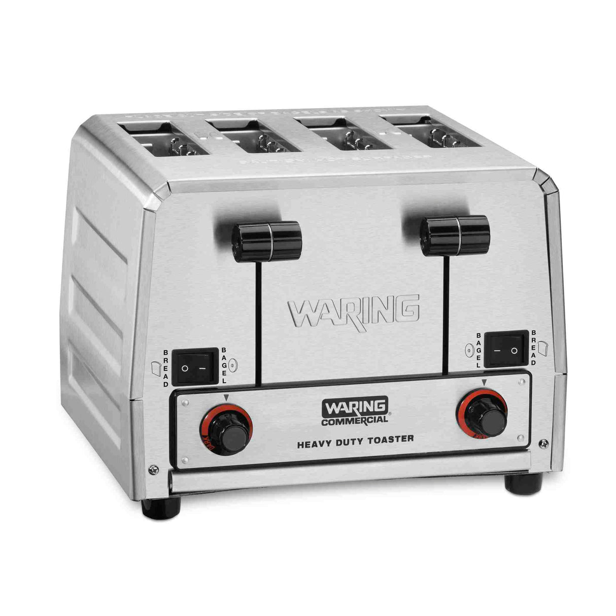 A silver, heavy-duty bread toaster with four slots by Waring Commercial features two black lever handles, two control dials, and two switches on the front, a brushed metal finish, and black feet—ideal as a commercial bagel toaster.
