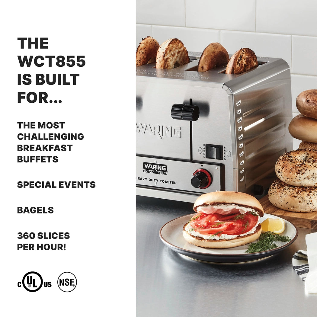 A stainless steel Waring 4 slice toaster with four bagels toasting sits on a counter. In front are plates with toasted bagels topped with tomato, arugula, and bacon. Text highlights the toaster’s speed, uses, and certifications. White tile backsplash in background.