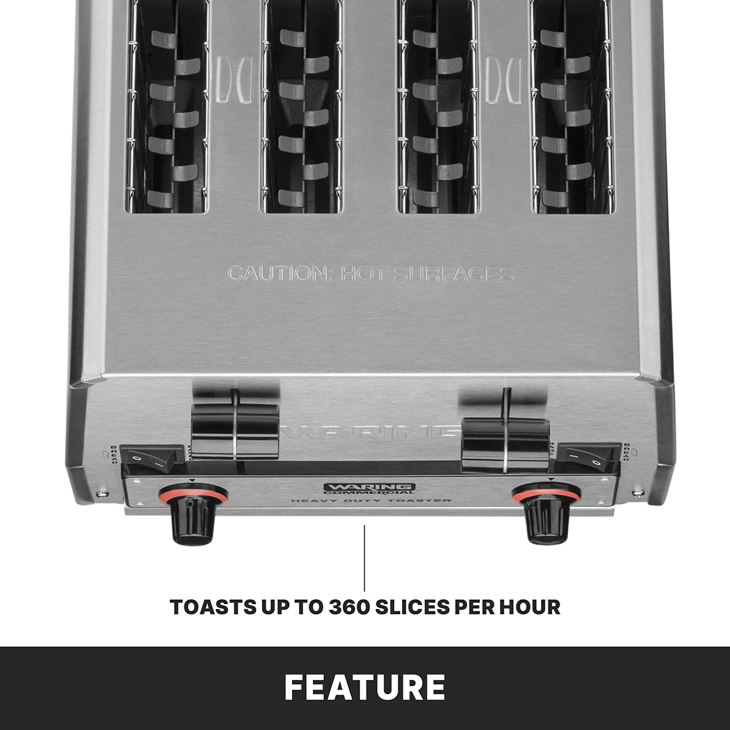 Overhead view of a stainless steel heavy-duty bread toaster with “CAUTION: HOT SURFACES” engraved on top, two black control knobs with red accents, and text reading “TOASTS UP TO 360 SLICES PER HOUR.” Bottom section says “FEATURE.”.