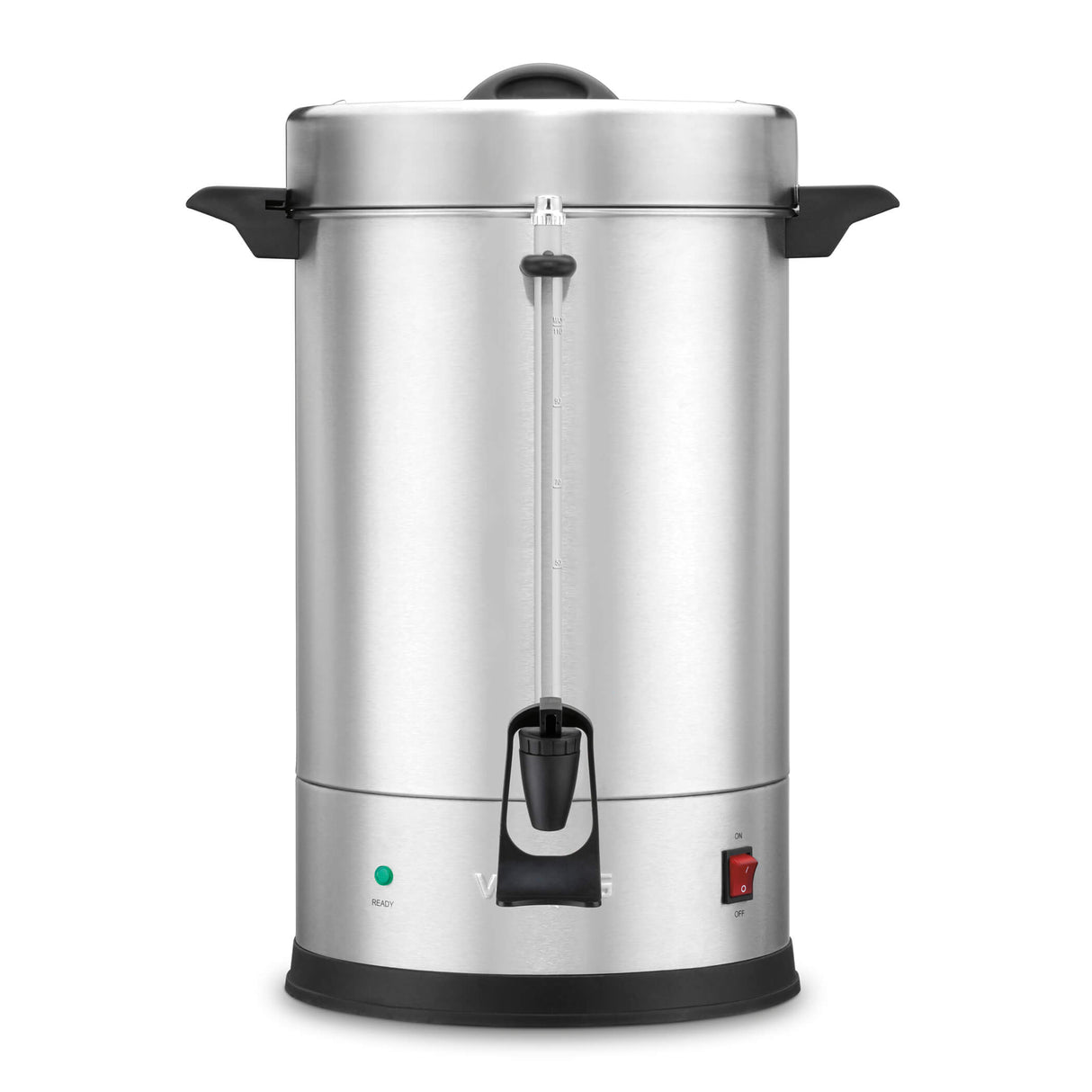 A large stainless steel Coffee Urn with black handles, a clear water level gauge, and a black spigot. It features a dual heater system and boil dry protection, plus power indicator lights on the black base, all set against a white background.
