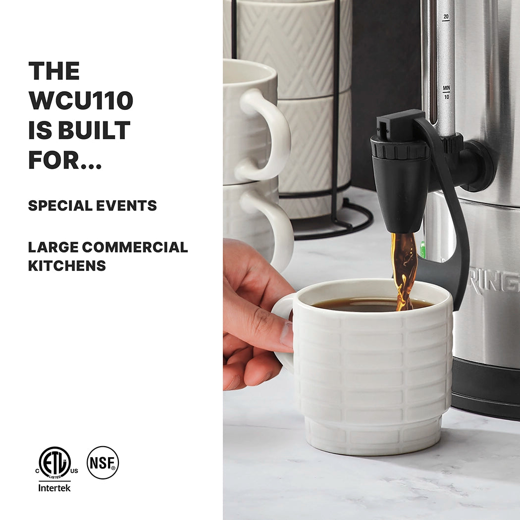 A hand fills a white textured mug with coffee from a stainless steel Coffee Urn featuring boil dry protection. Stacked mugs and a marble background appear behind. Text on the left reads: The WCU110 is built for... Special Events, Large Commercial Kitchens with certification logos below.