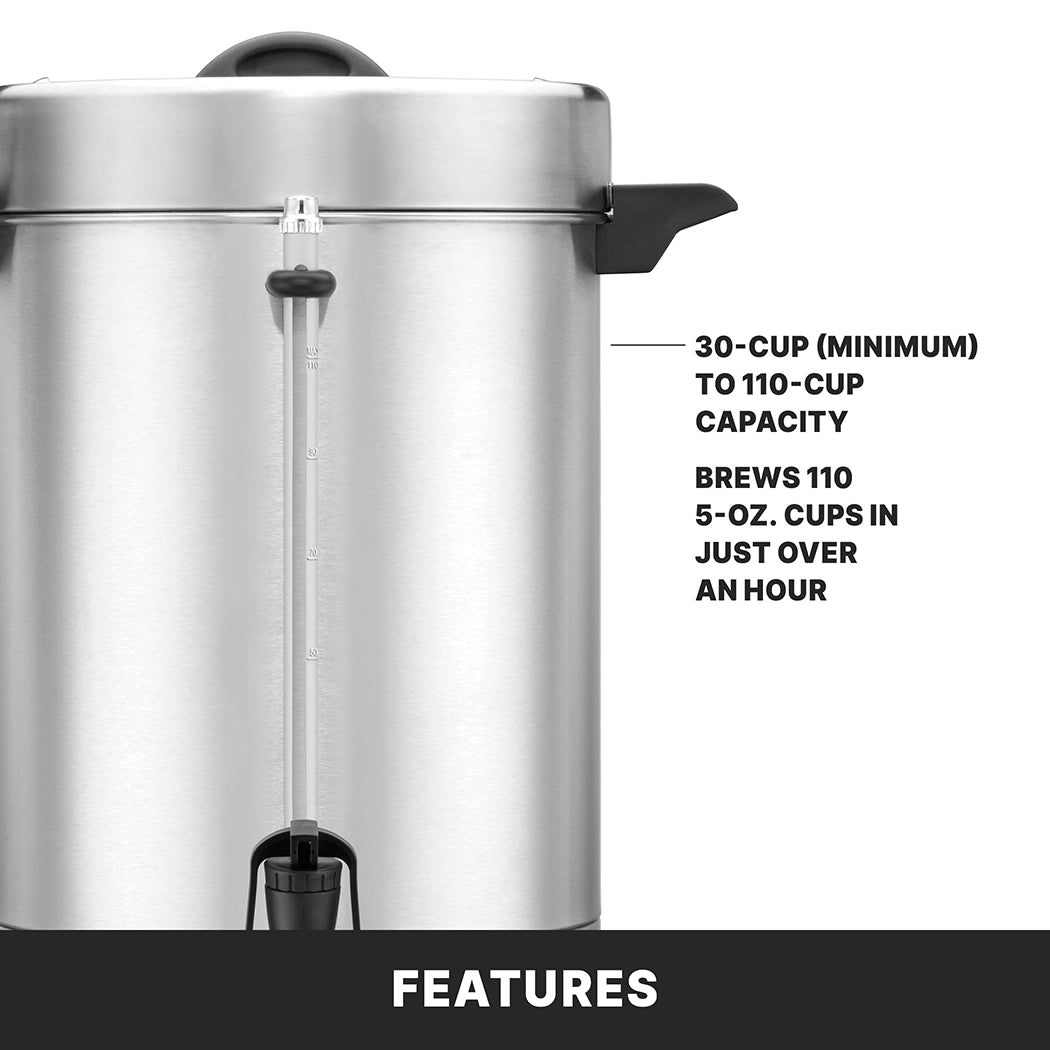 A large stainless steel Coffee Urn with a black spout, water level indicator, and dual heater system. Brews 110 five-ounce cups in just over an hour; capacity is 30 to 110 cups. Features convenient boil dry protection for added safety.
