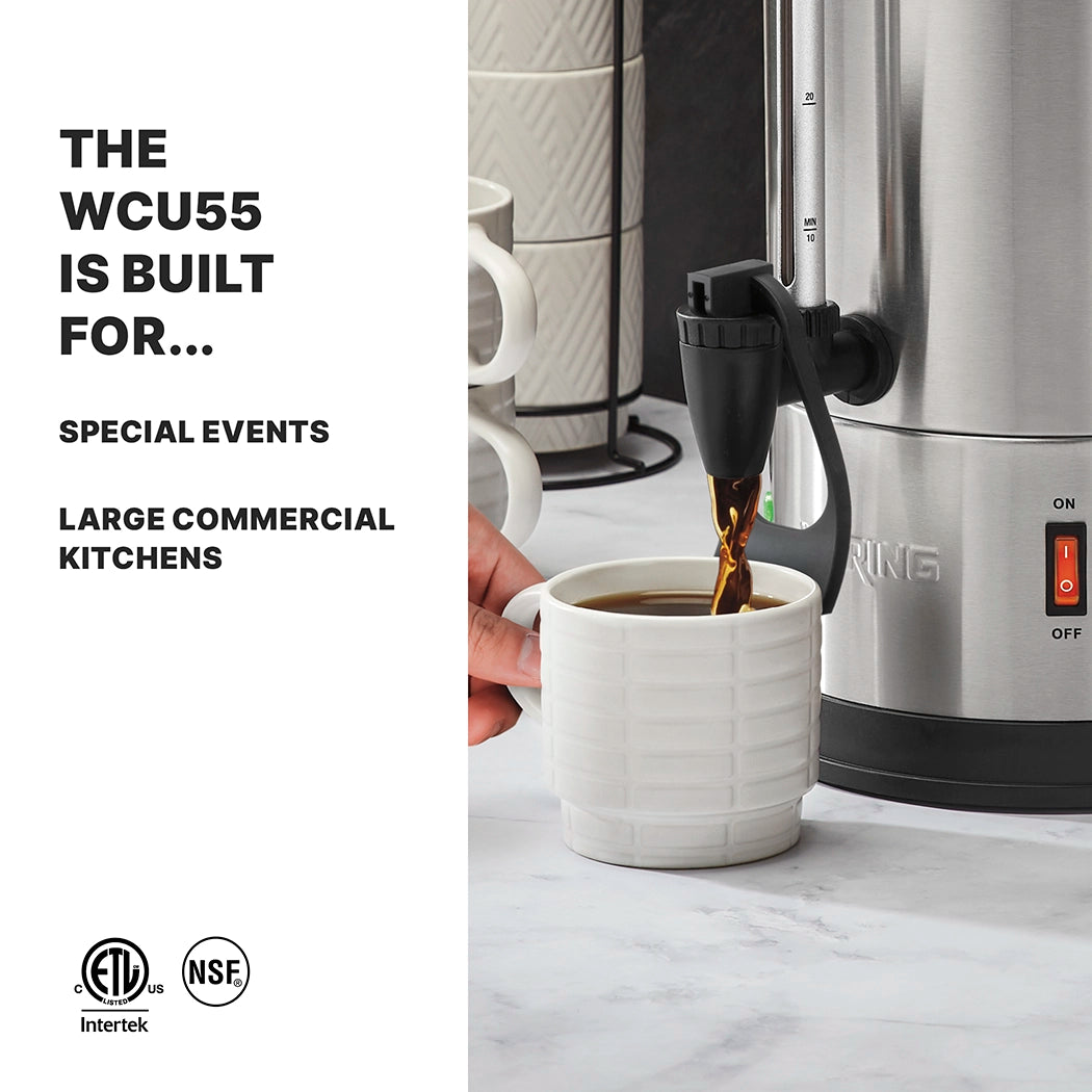 A hand fills a textured white mug with coffee from a stainless steel coffee urn. Text on the left reads: The WCU55, with its dual heater system and 55 cup capacity, is built for… Special Events, Large Commercial Kitchens. Certification logos appear below.
