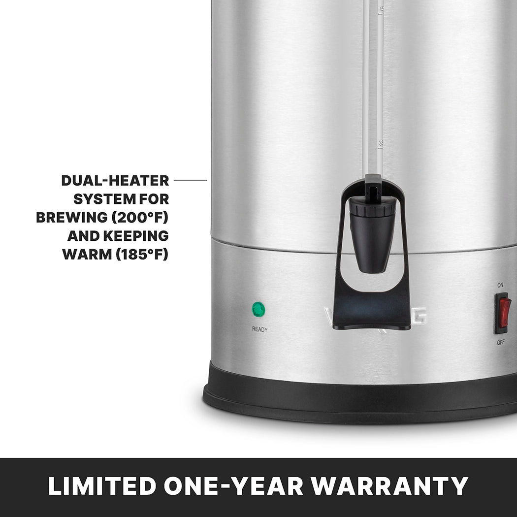 The image shows the bottom part of a 55 cup capacity coffee urn with a black spigot and control panel. Text highlights its dual heater system for brewing (200°F) and keeping warm (185°F). Below, a banner says Limited one-year warranty.