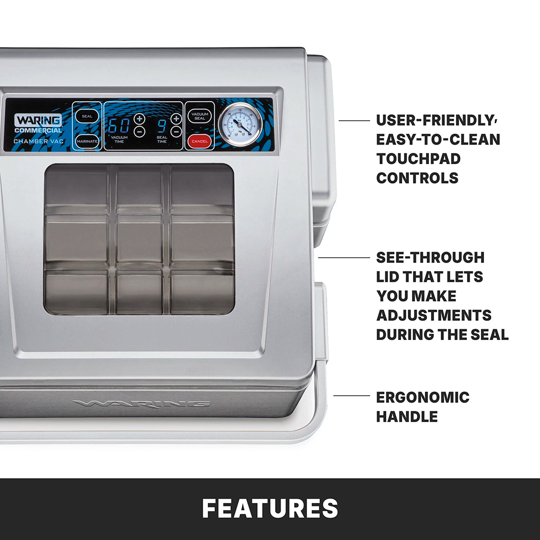 Top view of the Waring countertop Vacuum Packaging Machine featuring a digital touchpad, pressure gauge, see-through lid with visible sealing chamber, and ergonomic handle. Highlights include user-friendly controls, clear lid, and comfortable design.