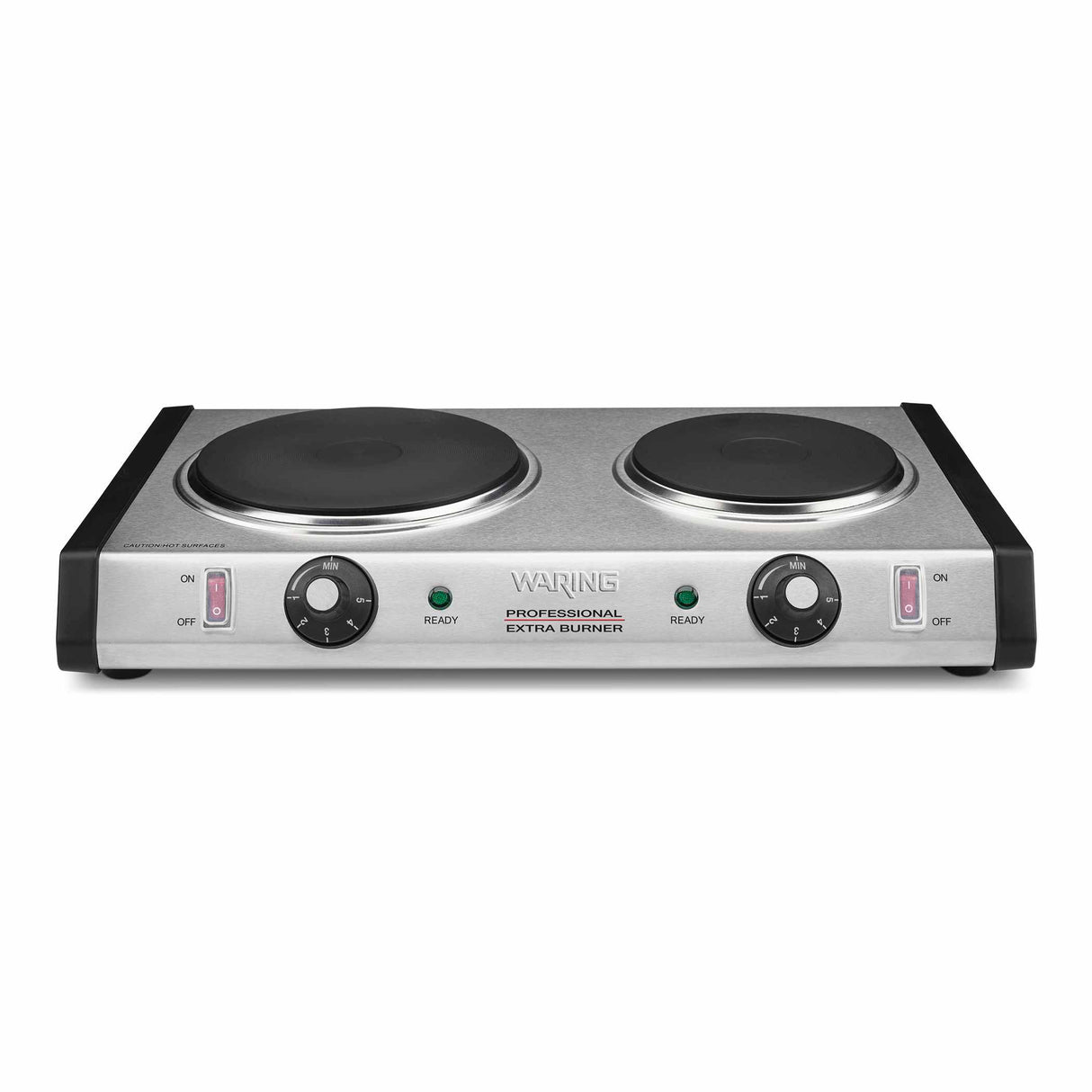 A heavy-duty stainless steel double electric cooktop with two black cast iron burner plates, control knobs for each burner, indicator lights, and Waring Professional Extra Burner printed on the front. Features black sides and a rectangular shape.