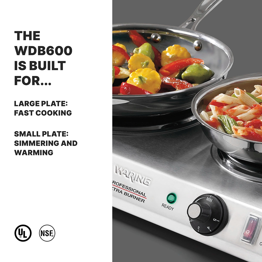 A heavy-duty stainless steel commercial burner hot plate with cast iron burner plates cooks vegetables and pasta. The WDB600 is built for fast cooking on the large plate and simmering or warming on the small plate. UL and NSF certified.