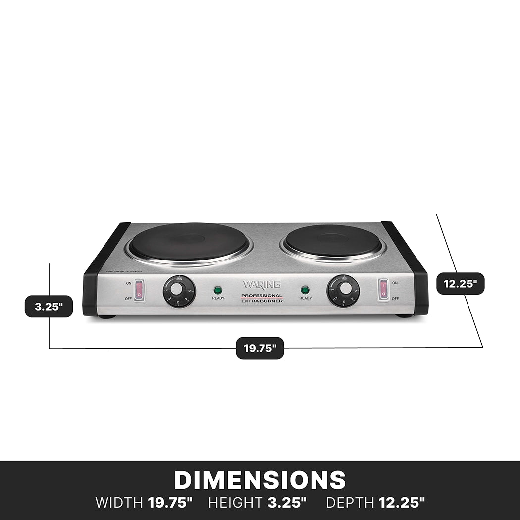 A heavy-duty double burner electric hot plate with cast iron burner plates is shown in a black and silver finish, labeled with dimensions: width 19.75 inches, height 3.25 inches, and depth 12.25 inches. Control knobs and indicator lights are visible.