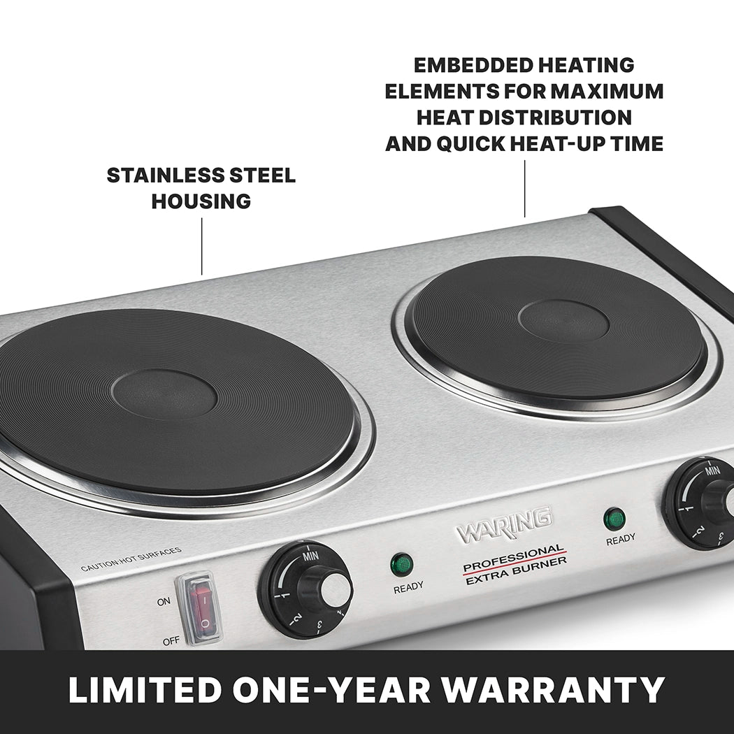 A heavy-duty stainless steel double electric burner with commercial cast iron burner plates, labeled “Waring Professional Extra Burner.” Features durable housing, embedded heating elements, and a limited one-year warranty.