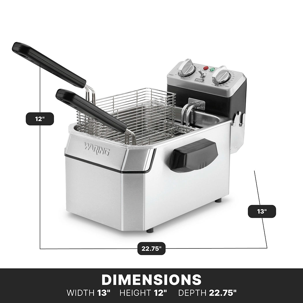 A Waring WDF1000 countertop electric fryer is shown with two baskets and black handles. Dimensions are labeled: 13" width, 12" height, and 22.75" depth. Control knobs and indicator lights appear on the back panel against a white background.