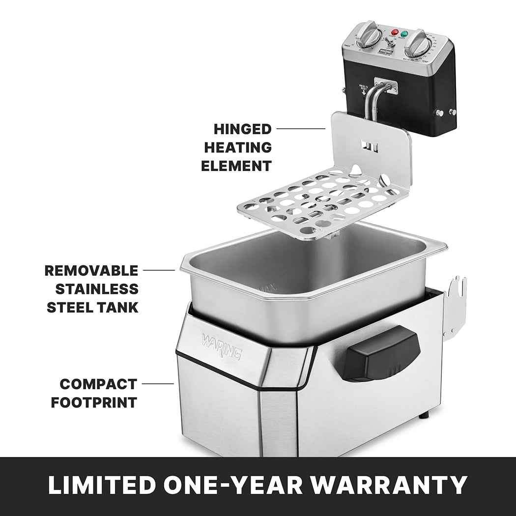 A Waring WDF1000 deep fryer is shown with labeled parts: a hinged heating element, removable stainless steel tank, and compact footprint. The countertop electric fryer’s heating element is lifted above the tank. Limited one-year warranty text appears below.