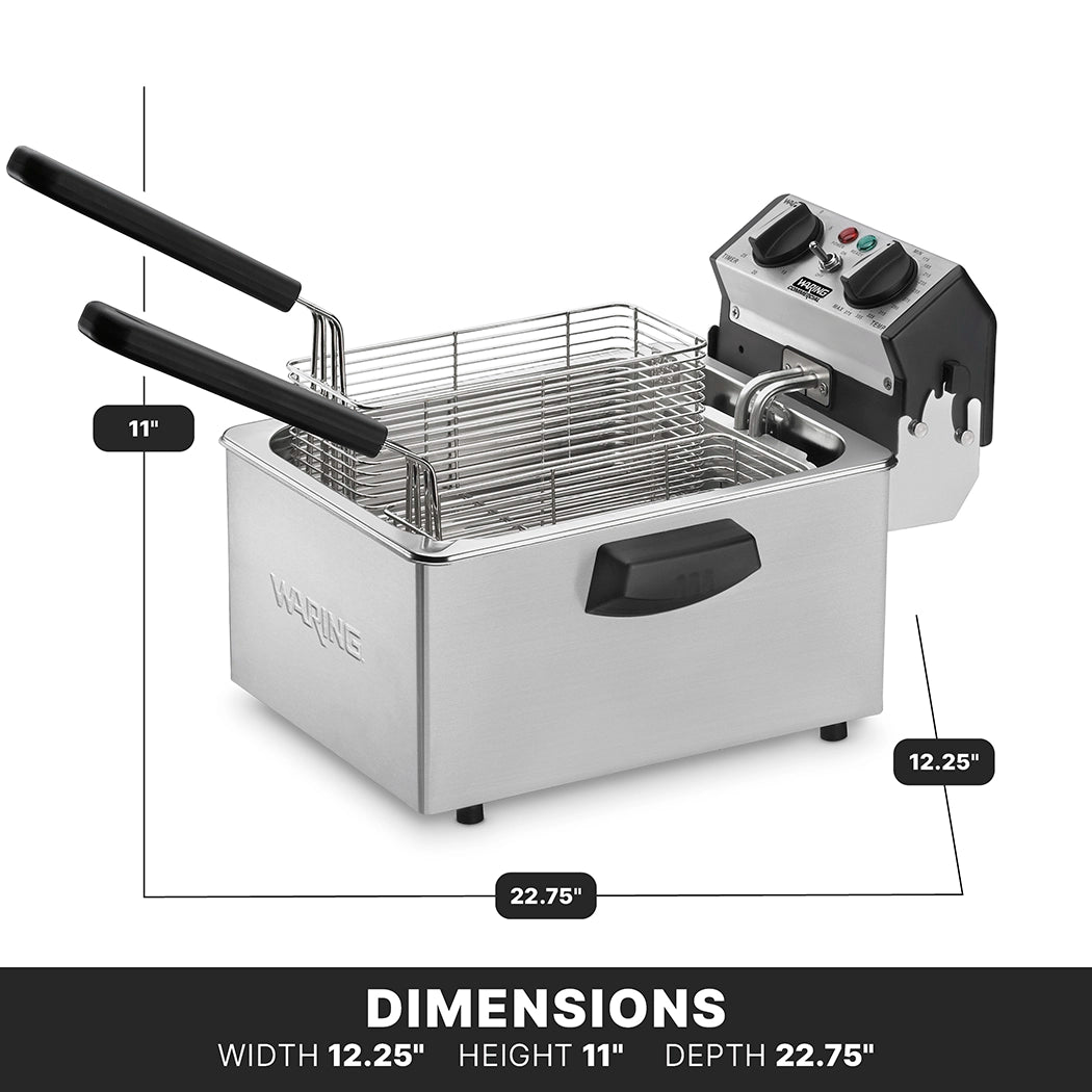 A stainless steel fryer with two black-handled baskets and a control panel featuring dials and indicator lights. This electric deep fryer measures 11" high, 12.25" wide, and 22.75" deep. Waring logo on the side. Text reads, DIMENSIONS.