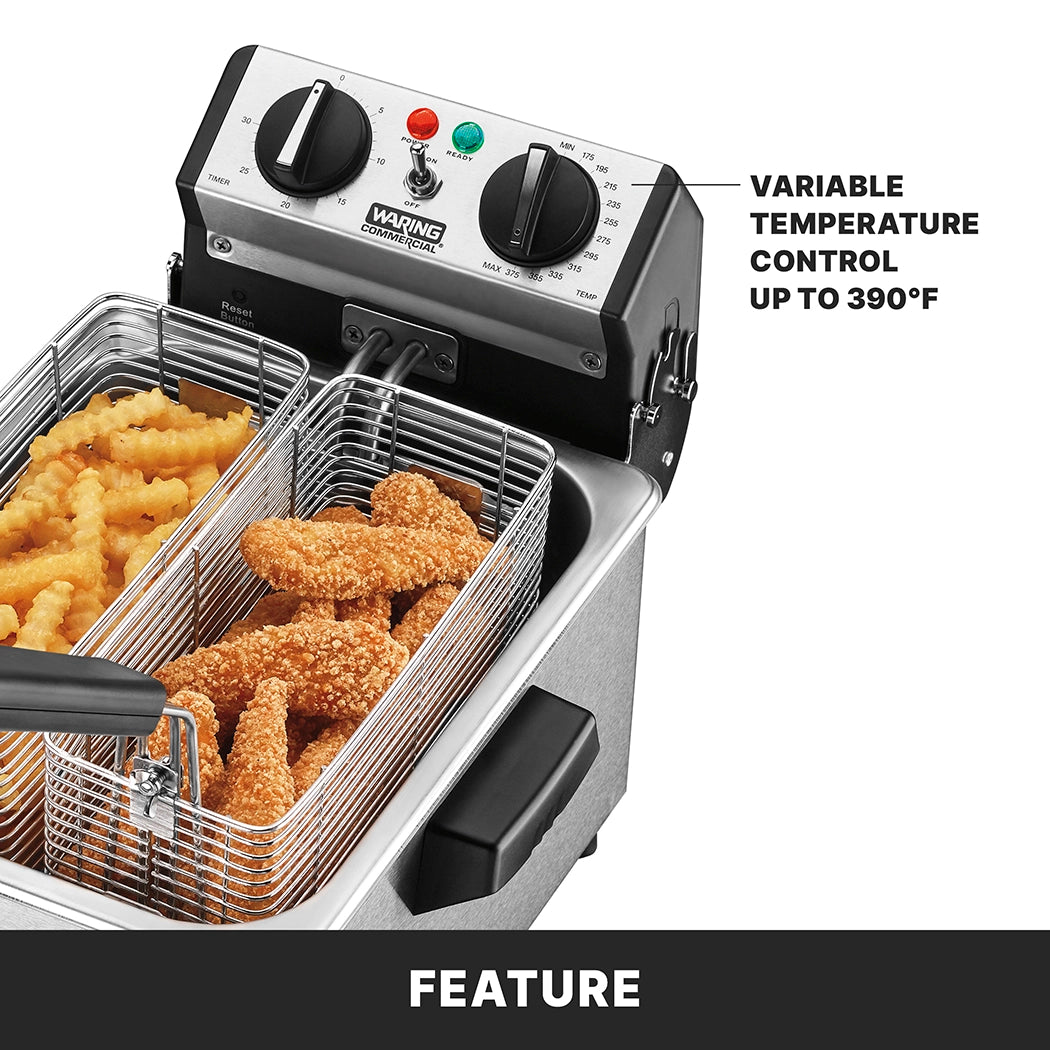 A stainless steel fryer with two baskets—one for crinkle-cut fries, the other for breaded chicken strips. This electric deep fryer features a control panel with dials and a label for variable temperature control up to 390°F.