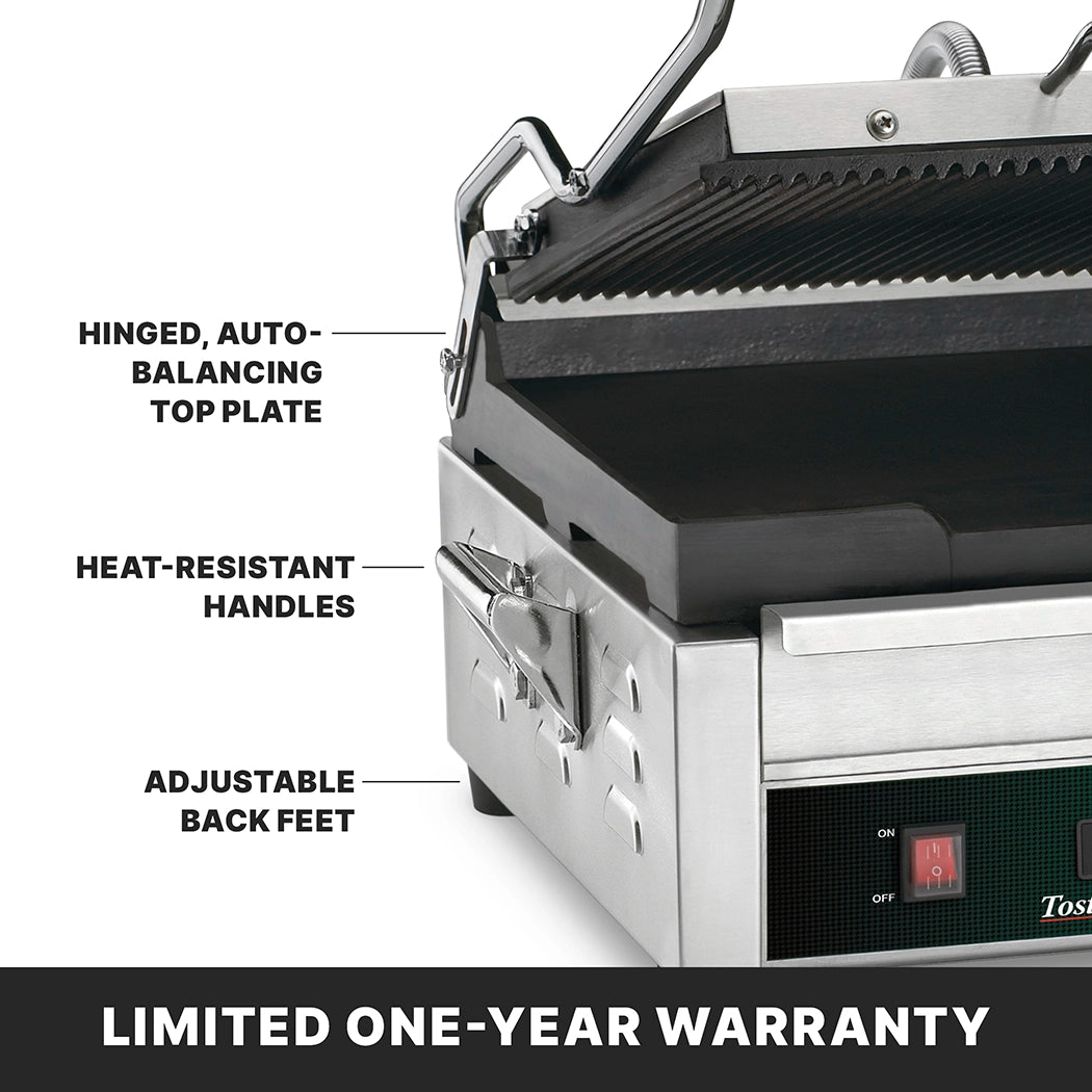 A stainless steel Dual Surface Panini Grill with a ridged hinged top plate, heat-resistant handles, and adjustable back feet. Text labels highlight these features. A black bar at the bottom reads, LIMITED ONE-YEAR WARRANTY in bold white letters.