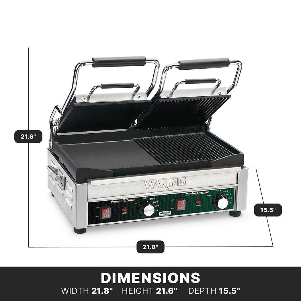 A stainless steel Dual Surface Panini Grill with two hinged top plates—one flat, one ridged—is open. Two adjustable thermostats and indicator lights are on the front panel. Dimensions: width 21.8, height 21.6, depth 15.5.