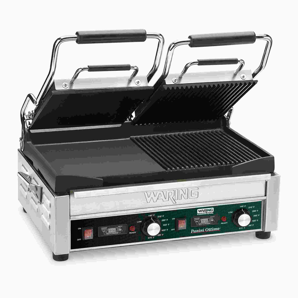 A stainless steel Waring WDG300T Dual Surface Panini Grill with dual hinged lids open reveals smooth and ridged cooking plates. The control panel has dials, switches, and indicator lights; the handles are black and labeled “Waring Panini Ottimo.”.